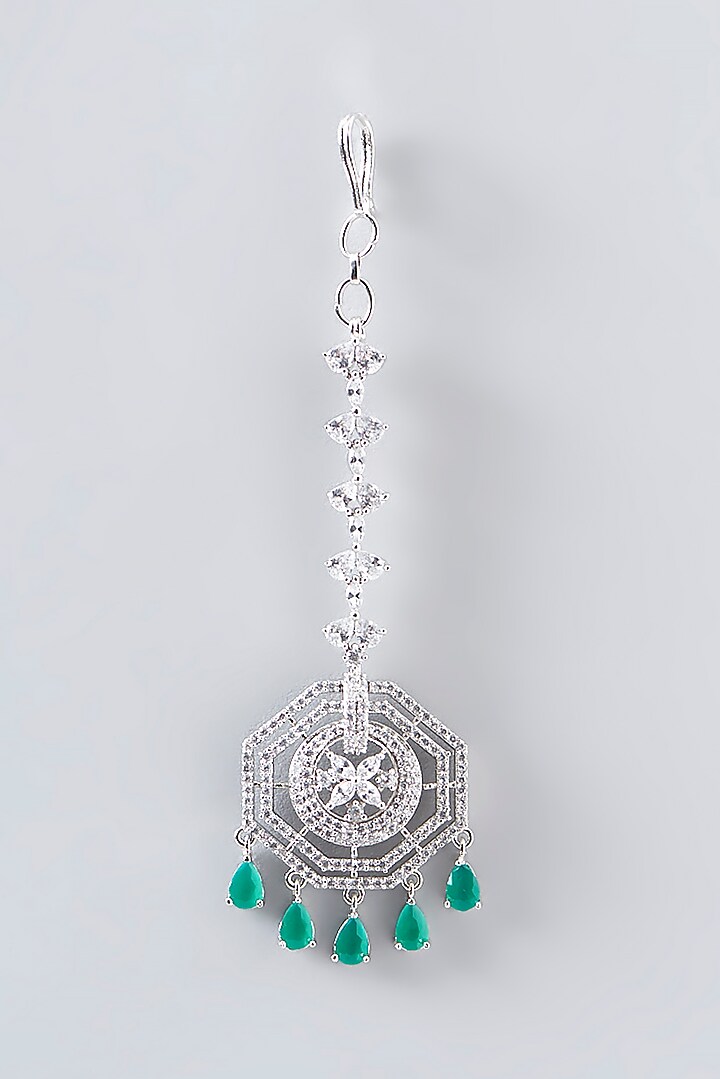 White Finish Faux Diamond & Green Stone Maangtikka by Aster at Pernia's Pop Up Shop