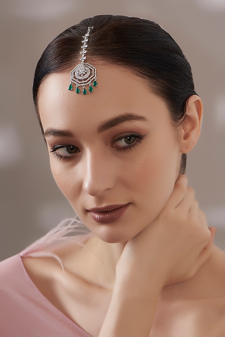 White Finish Faux Diamond & Green Stone Maangtikka by Aster at Pernia's Pop Up Shop