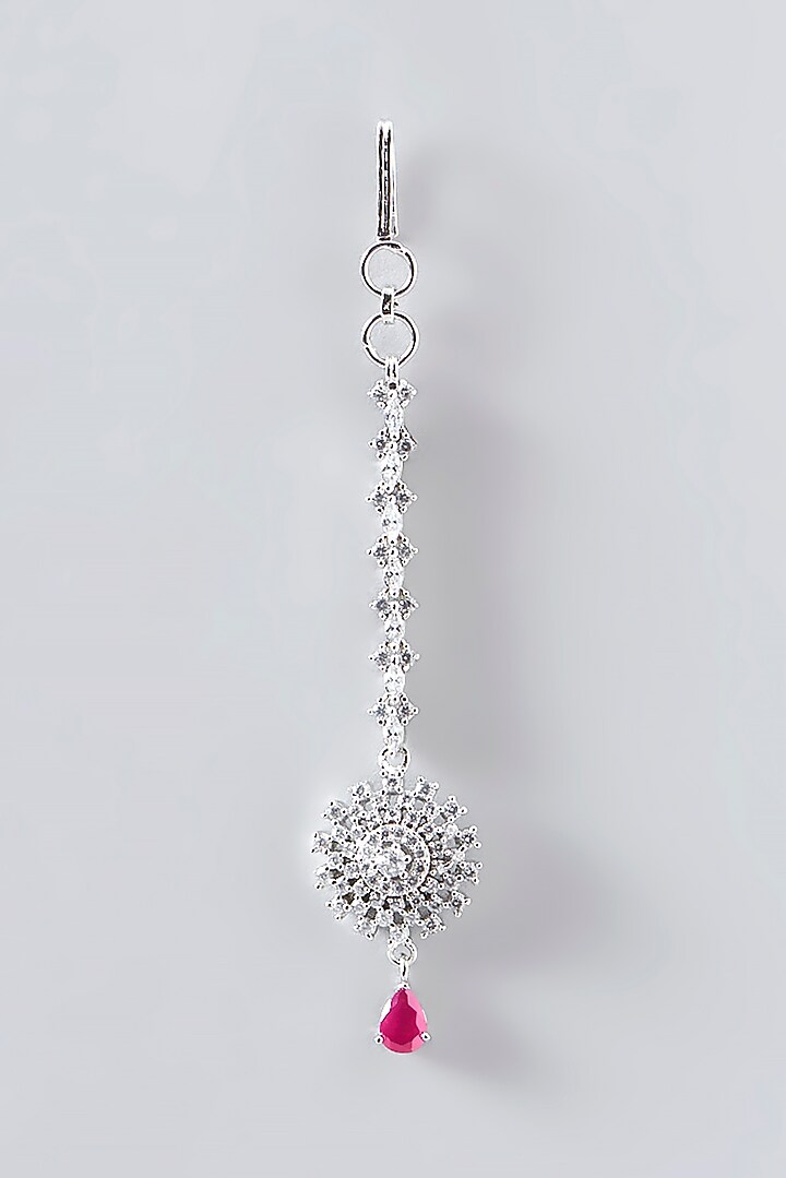 White Finish Faux Diamond & Red Stone Maangtikka by Aster at Pernia's Pop Up Shop