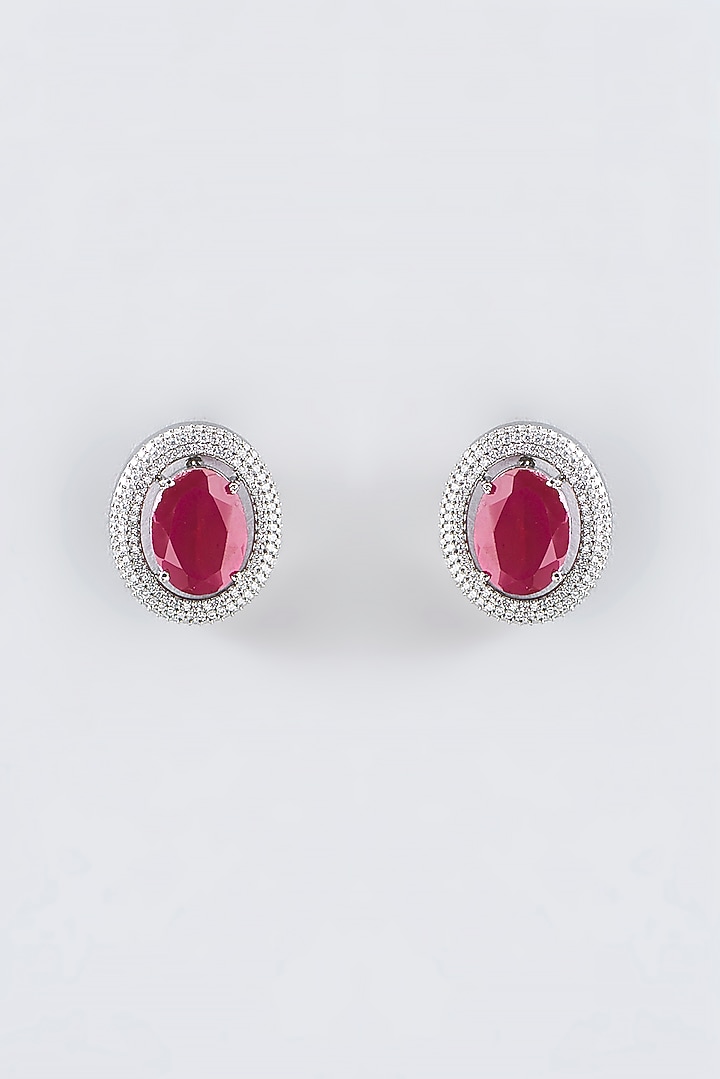 White Finish Faux Diamond & Red Stone Stud Earrings by Aster at Pernia's Pop Up Shop