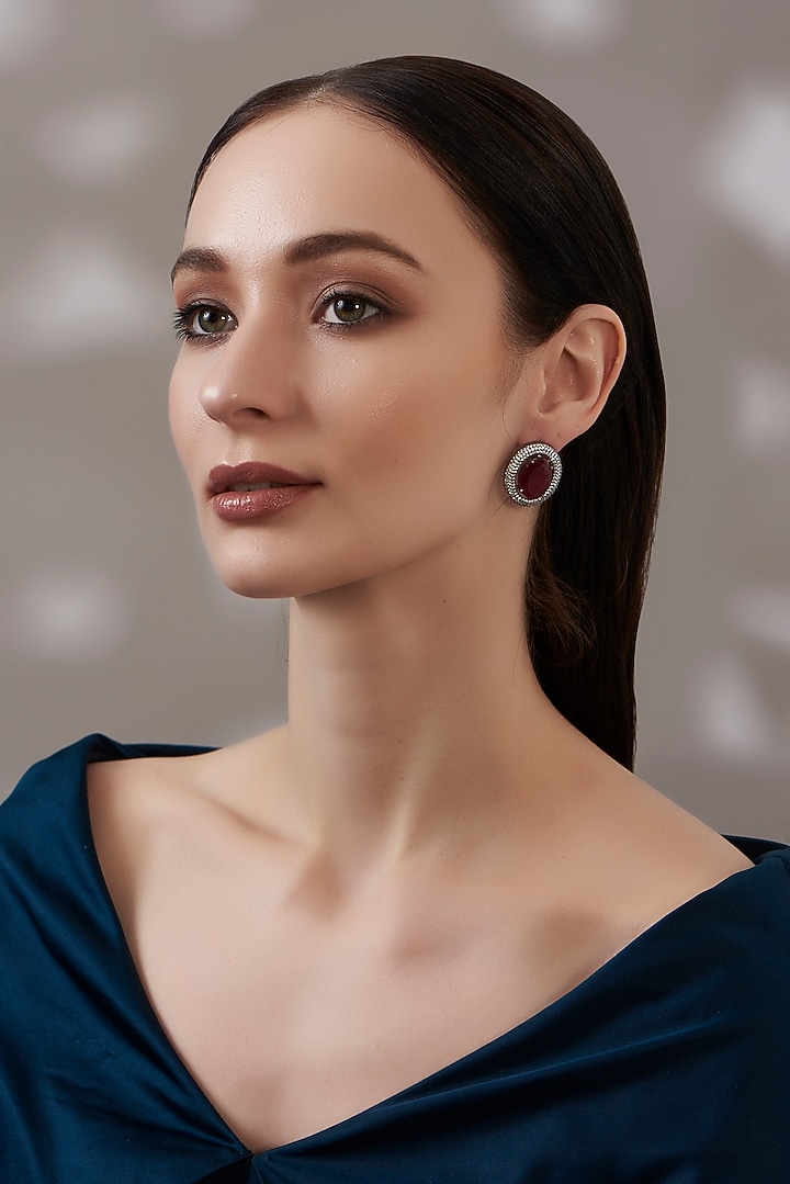 White Finish Faux Diamond & Red Stone Stud Earrings by Aster at Pernia's Pop Up Shop