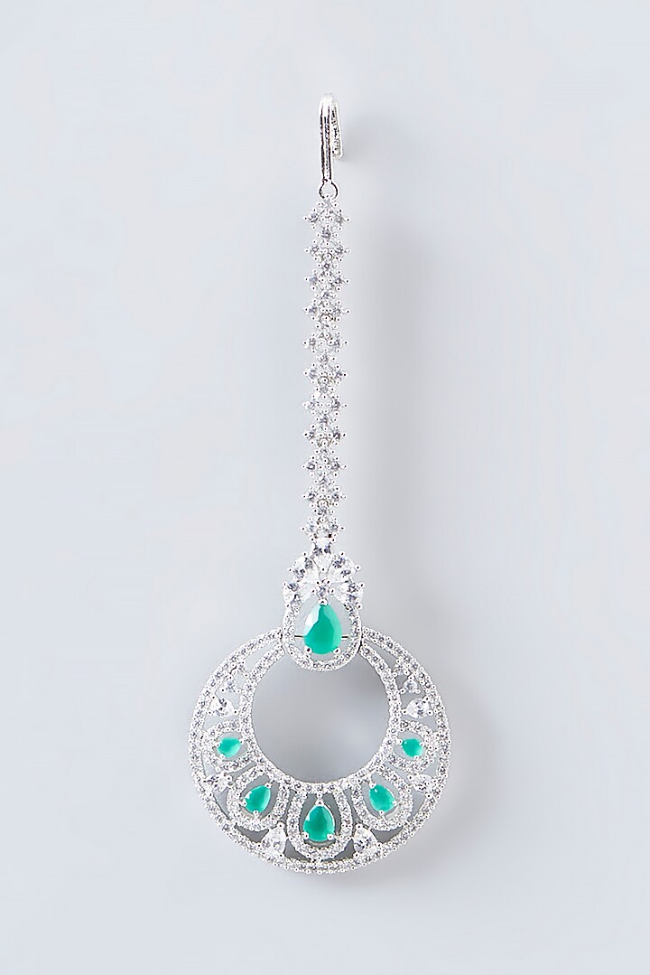 White Finish Faux Diamond & Green Stone Maangtikka by Aster at Pernia's Pop Up Shop