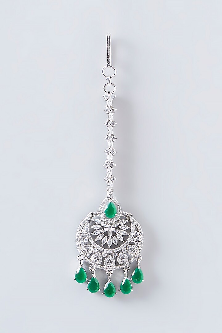 White Finish Faux Diamond & Green Stone Maangtikka by Aster at Pernia's Pop Up Shop