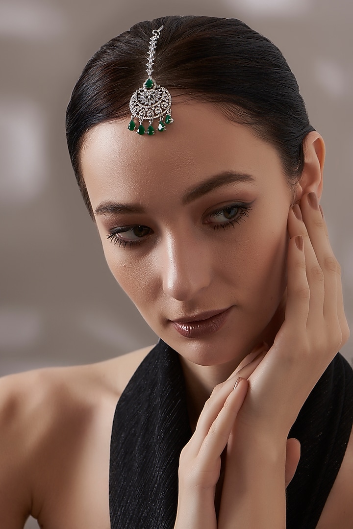 White Finish Faux Diamond & Green Stone Maangtikka by Aster at Pernia's Pop Up Shop