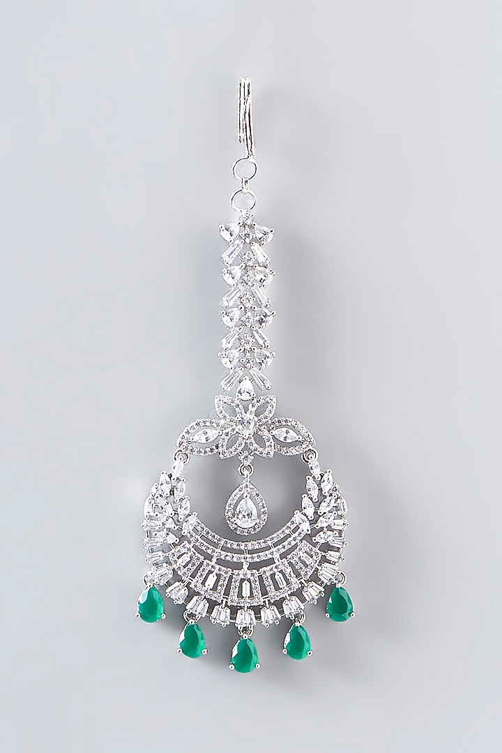 White Finish Faux Diamond & Green Stone Maangtikka by Aster at Pernia's Pop Up Shop
