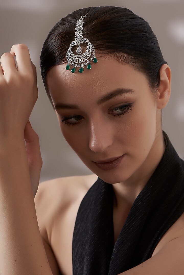 White Finish Faux Diamond & Green Stone Maangtikka by Aster at Pernia's Pop Up Shop