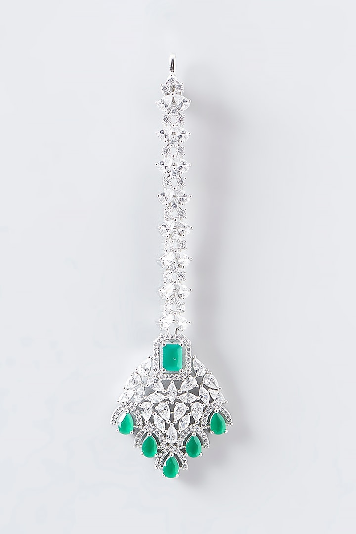 White Finish Faux Diamond & Green Stone Maangtikka by Aster at Pernia's Pop Up Shop