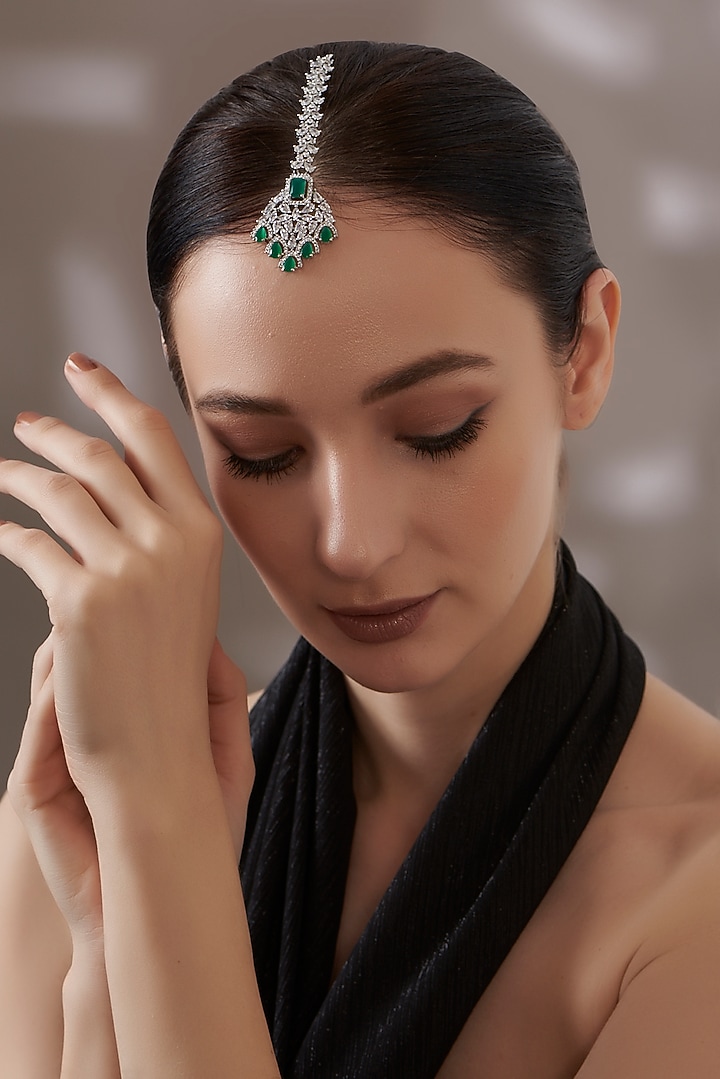 White Finish Faux Diamond & Green Stone Maangtikka by Aster at Pernia's Pop Up Shop