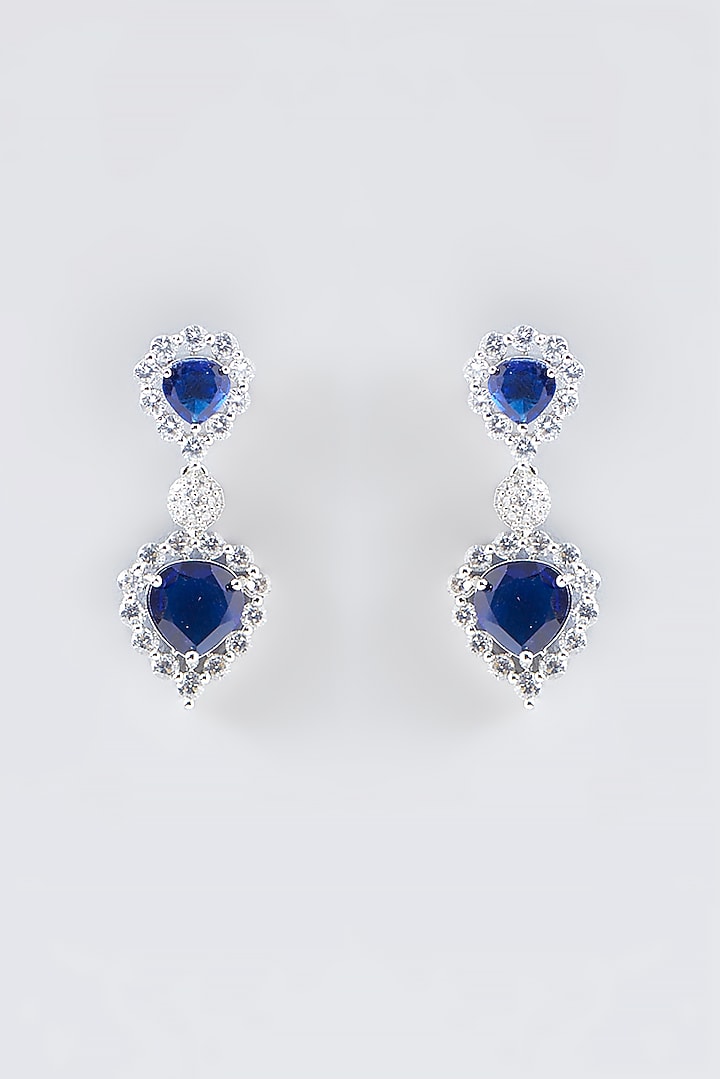 White Finish Faux Diamond & Blue Stone Dangler Earrings by Aster at Pernia's Pop Up Shop