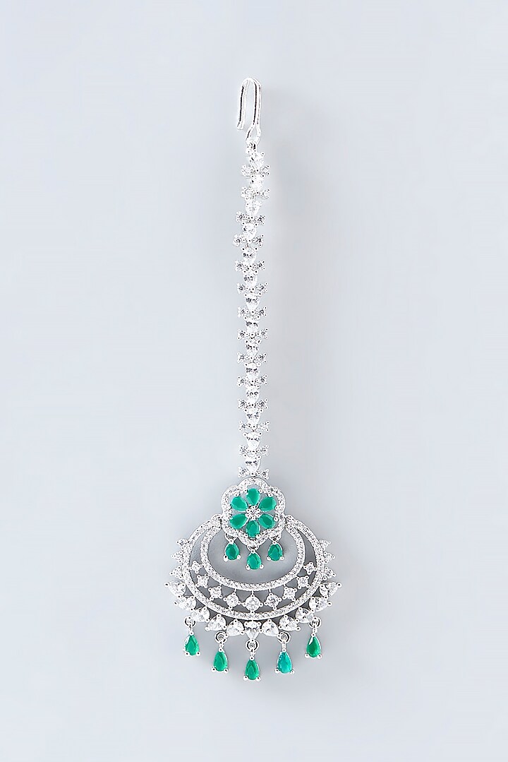 White Finish Faux Diamond & Green Stone Maangtikka by Aster at Pernia's Pop Up Shop
