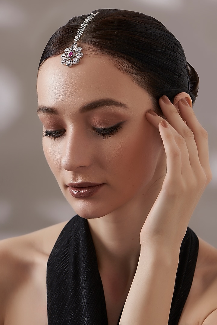 White Finish Faux Diamond Maangtikka by Aster at Pernia's Pop Up Shop