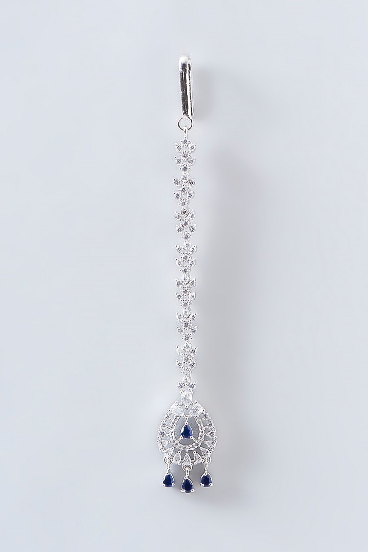 White Finish Faux Diamond & Blue Stone Maangtikka by Aster at Pernia's Pop Up Shop
