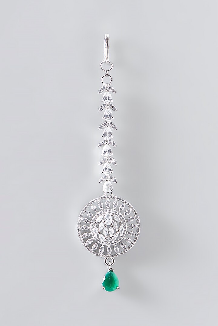 White Finish Faux Diamond & Green Stone Maangtikka by Aster at Pernia's Pop Up Shop