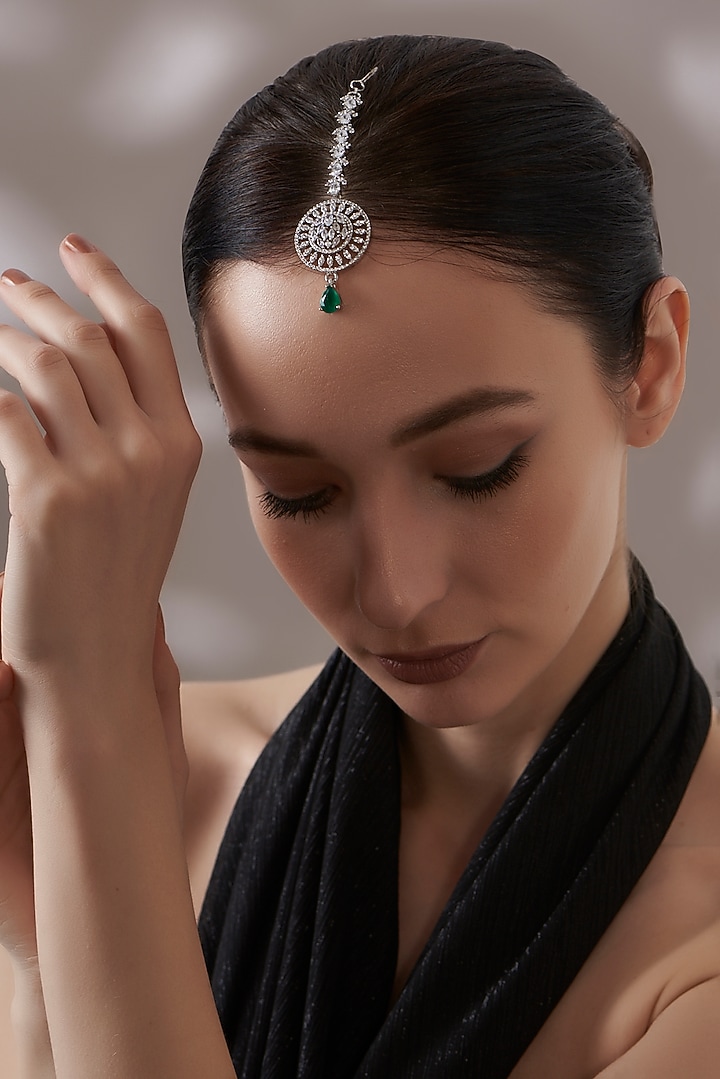 White Finish Faux Diamond & Green Stone Maangtikka by Aster at Pernia's Pop Up Shop