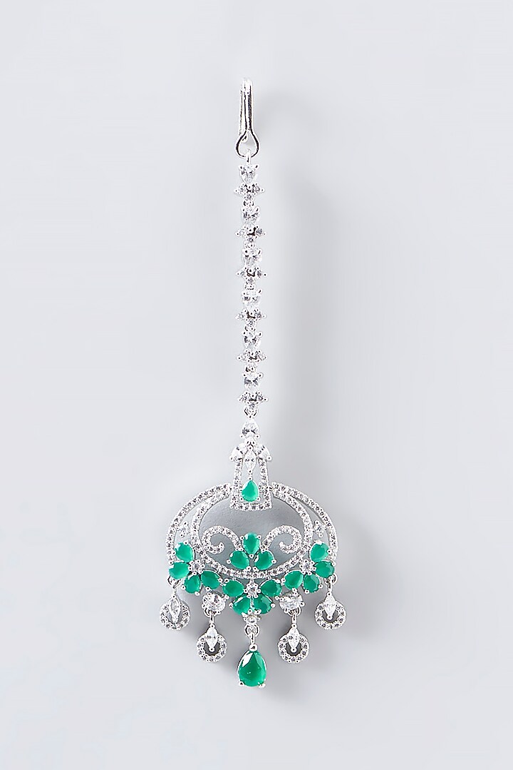 White Finish Faux Diamond & Green Stone Maangtikka by Aster at Pernia's Pop Up Shop