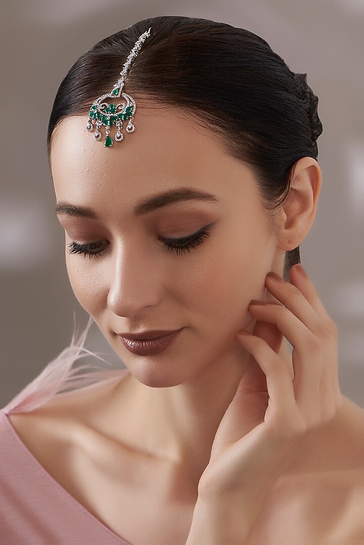 White Finish Faux Diamond & Green Stone Maangtikka by Aster at Pernia's Pop Up Shop