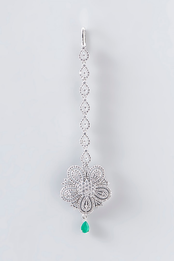 White Finish Faux Diamond & Green Stone Maangtikka by Aster at Pernia's Pop Up Shop