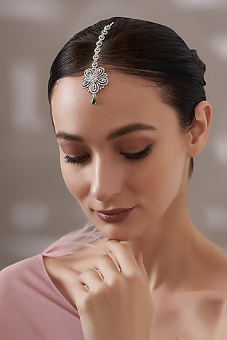 White Finish Faux Diamond & Green Stone Maangtikka by Aster