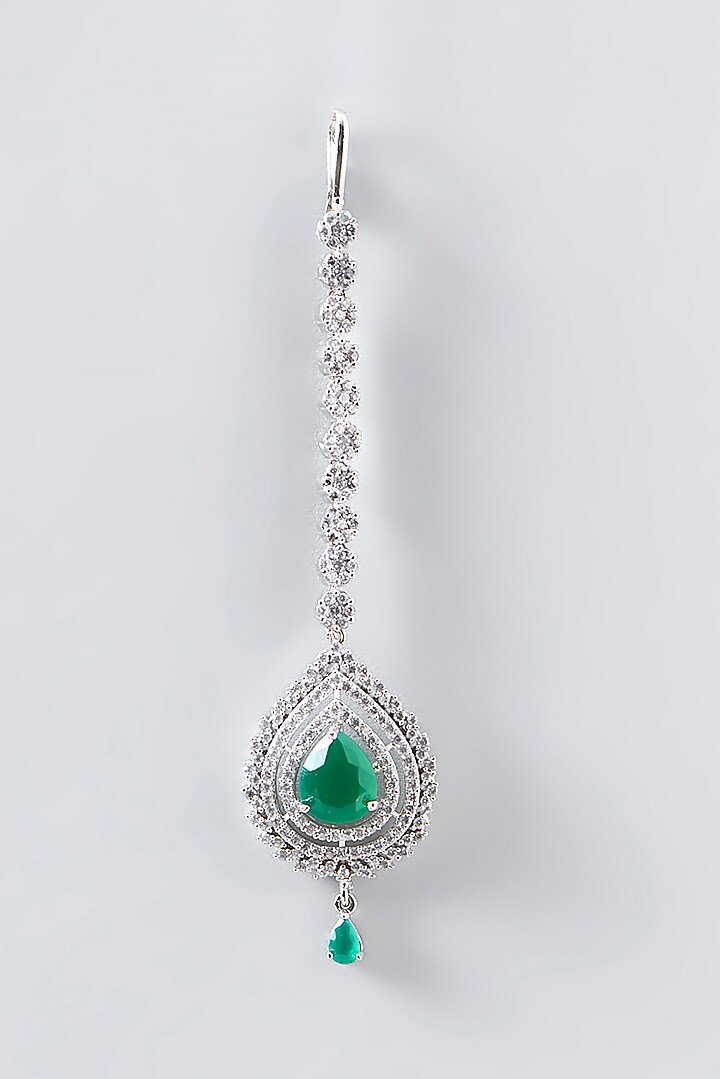 White Finish Faux Diamond & Green Stone Maangtikka by Aster at Pernia's Pop Up Shop