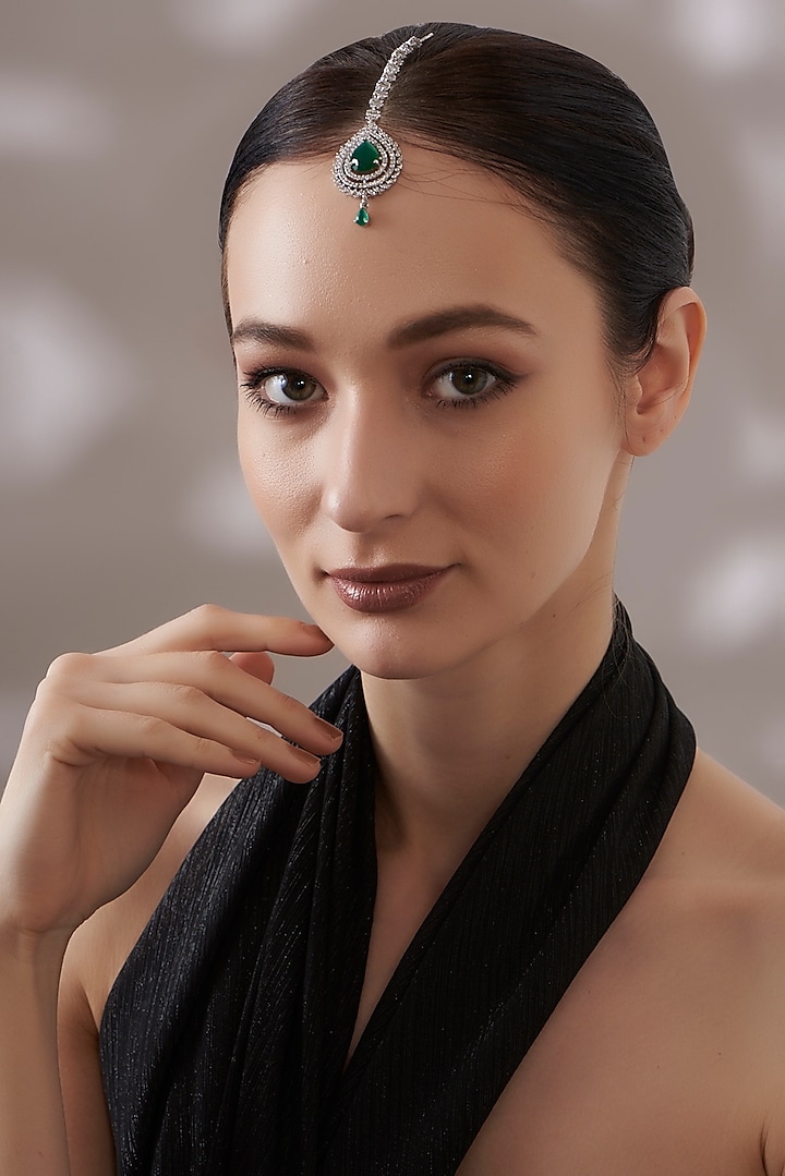 White Finish Faux Diamond & Green Stone Maangtikka by Aster at Pernia's Pop Up Shop