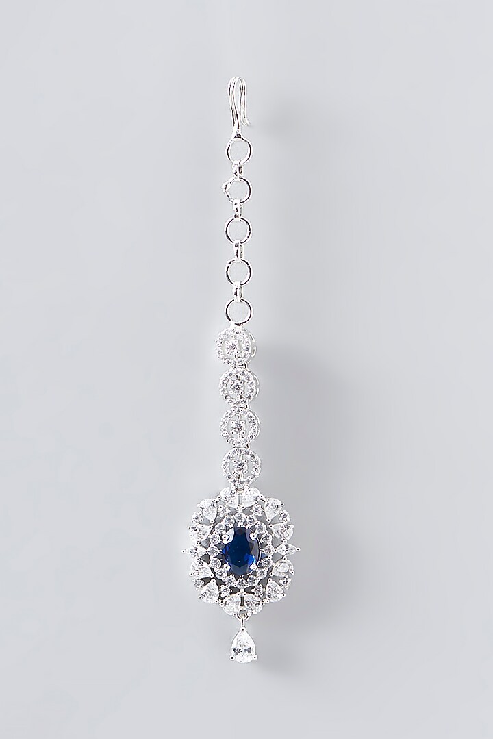 White Finish Faux Diamond & Blue Stone Maangtikka by Aster at Pernia's Pop Up Shop