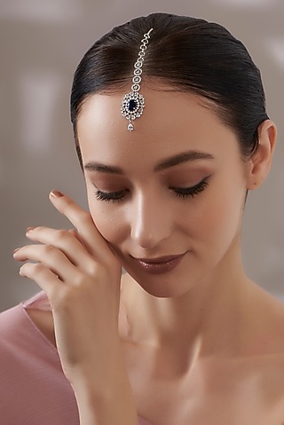White Finish Faux Diamond & Blue Stone Maangtikka by Aster
