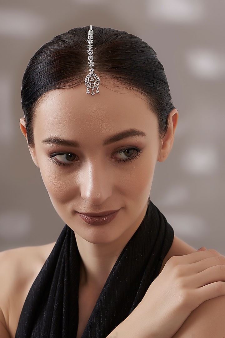 White Finish Faux Diamond Maangtikka by Aster at Pernia's Pop Up Shop