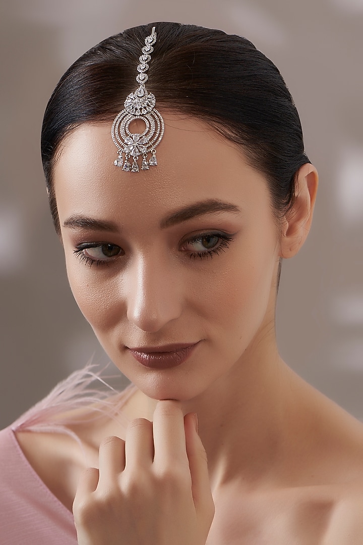 White Finish Faux Diamond Maangtikka by Aster at Pernia's Pop Up Shop