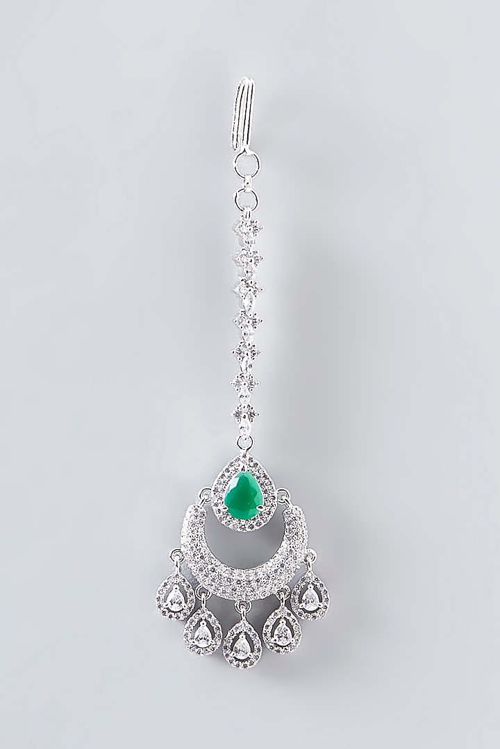 White Finish Faux Diamond & Green Stone Maangtikka by Aster at Pernia's Pop Up Shop