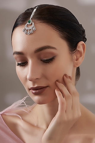 White Finish Faux Diamond & Green Stone Maangtikka by Aster