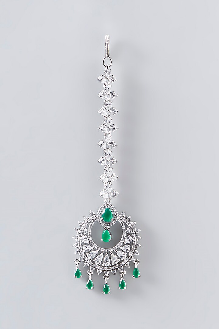 White Finish Faux Diamond & Green Stone Maangtikka by Aster at Pernia's Pop Up Shop