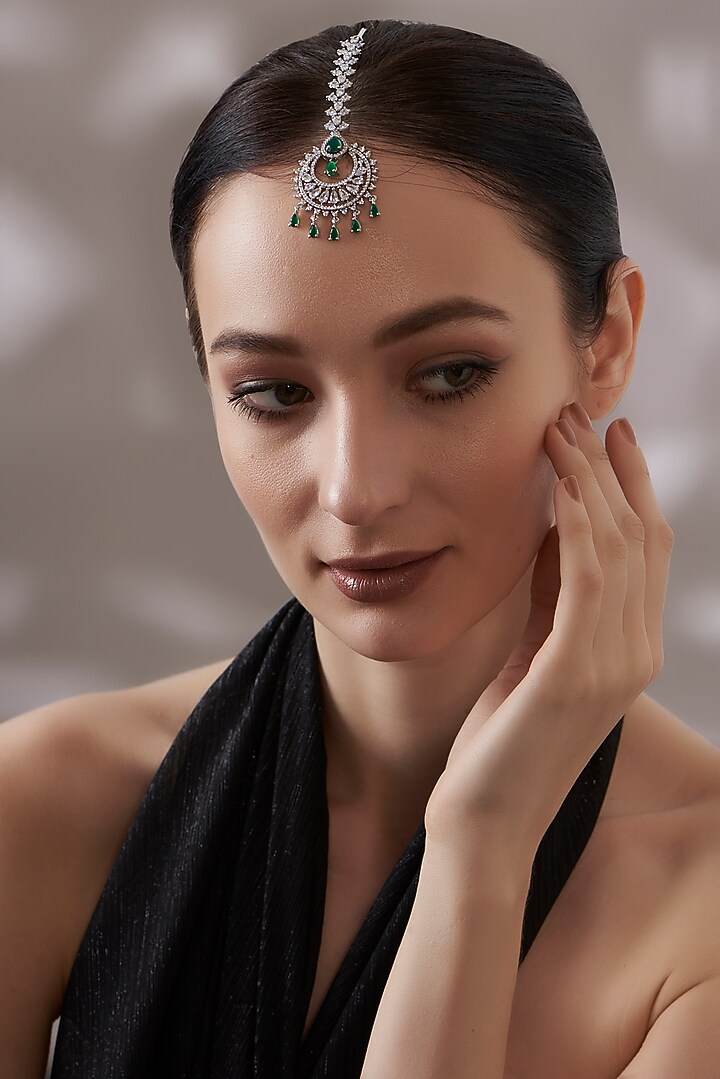 White Finish Faux Diamond & Green Stone Maangtikka by Aster at Pernia's Pop Up Shop