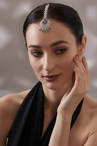 White Finish Faux Diamond & Green Stone Maangtikka by Aster