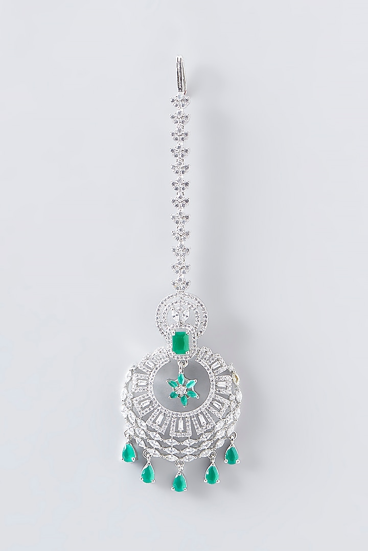White Finish Faux Diamond & Green Stone Maangtikka by Aster at Pernia's Pop Up Shop