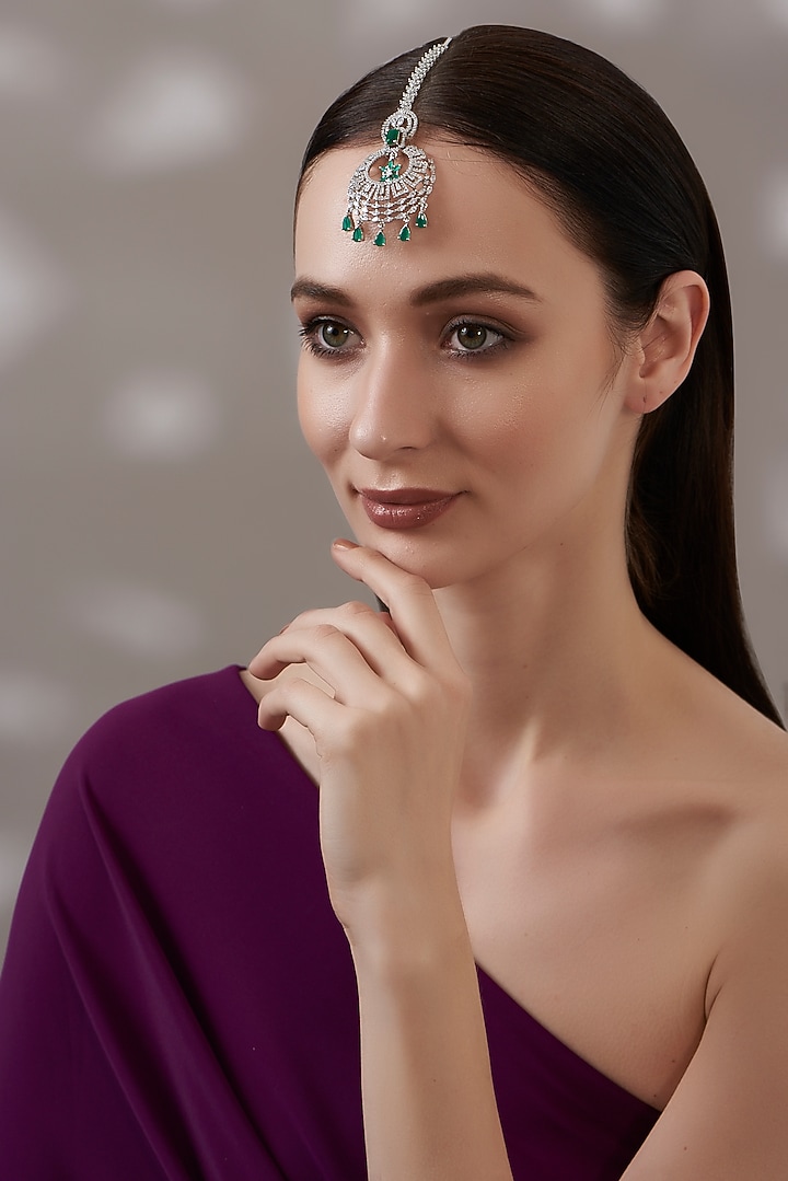 White Finish Faux Diamond & Green Stone Maangtikka by Aster at Pernia's Pop Up Shop