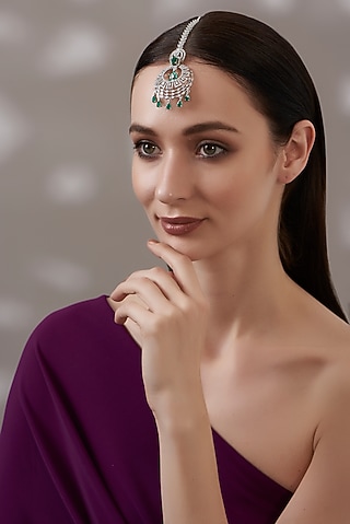 White Finish Faux Diamond & Green Stone Maangtikka by Aster