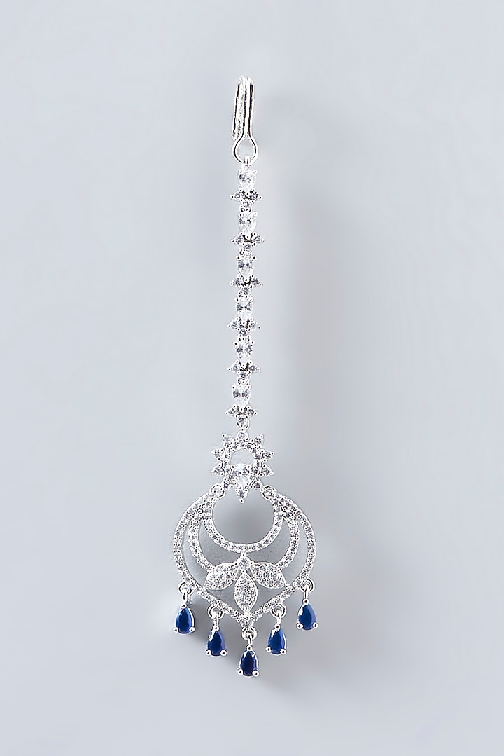 White Finish Faux Diamond Blue Stone Maangtikka by Aster at Pernia's Pop Up Shop