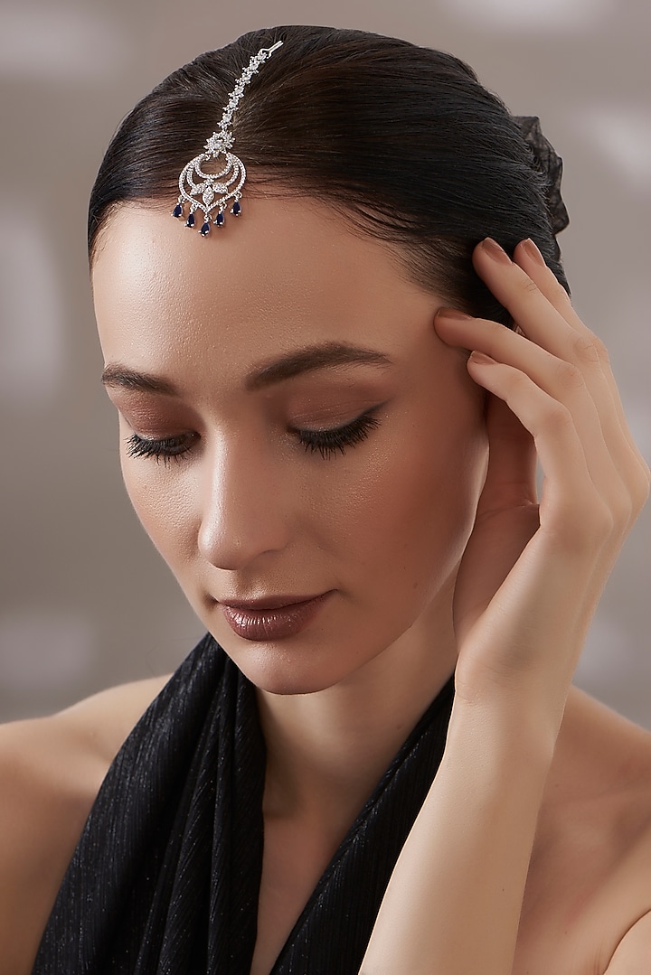 White Finish Faux Diamond Blue Stone Maangtikka by Aster at Pernia's Pop Up Shop