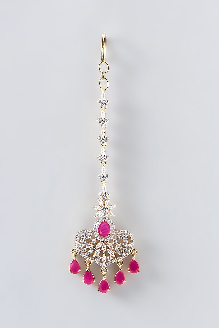 Gold Finish Faux Diamond & Red Stone Maangtikka by Aster at Pernia's Pop Up Shop