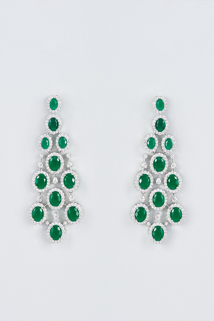 White Finish Zircon & Green Stone Dangler Earrings by Aster at Pernia's Pop Up Shop