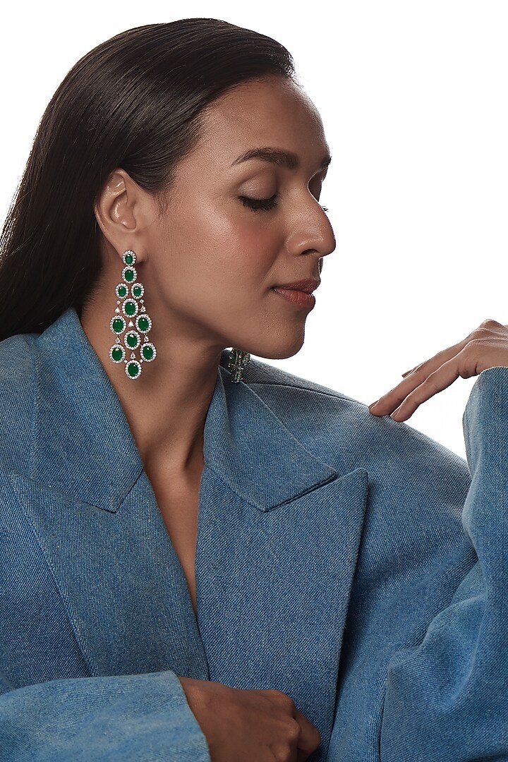 White Finish Zircon & Green Stone Dangler Earrings by Aster at Pernia's Pop Up Shop