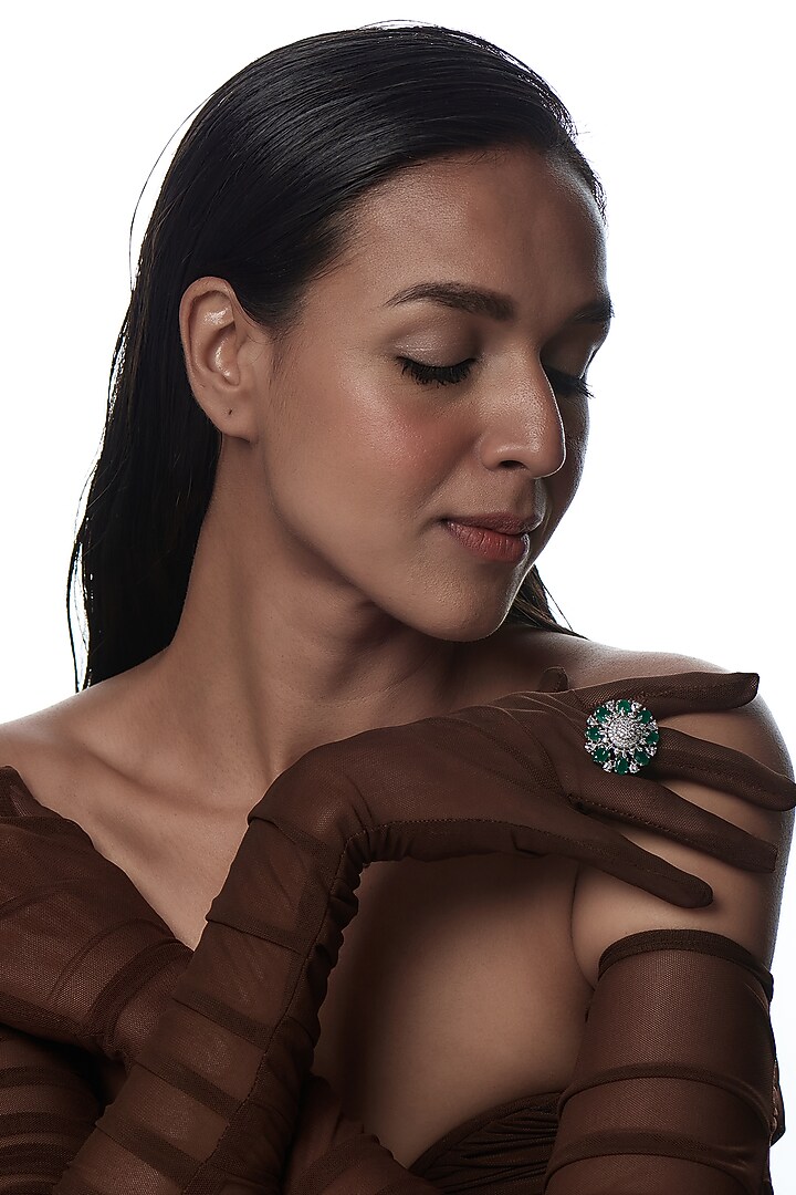 White Finish Zircon & Green Stone Ring by Aster at Pernia's Pop Up Shop