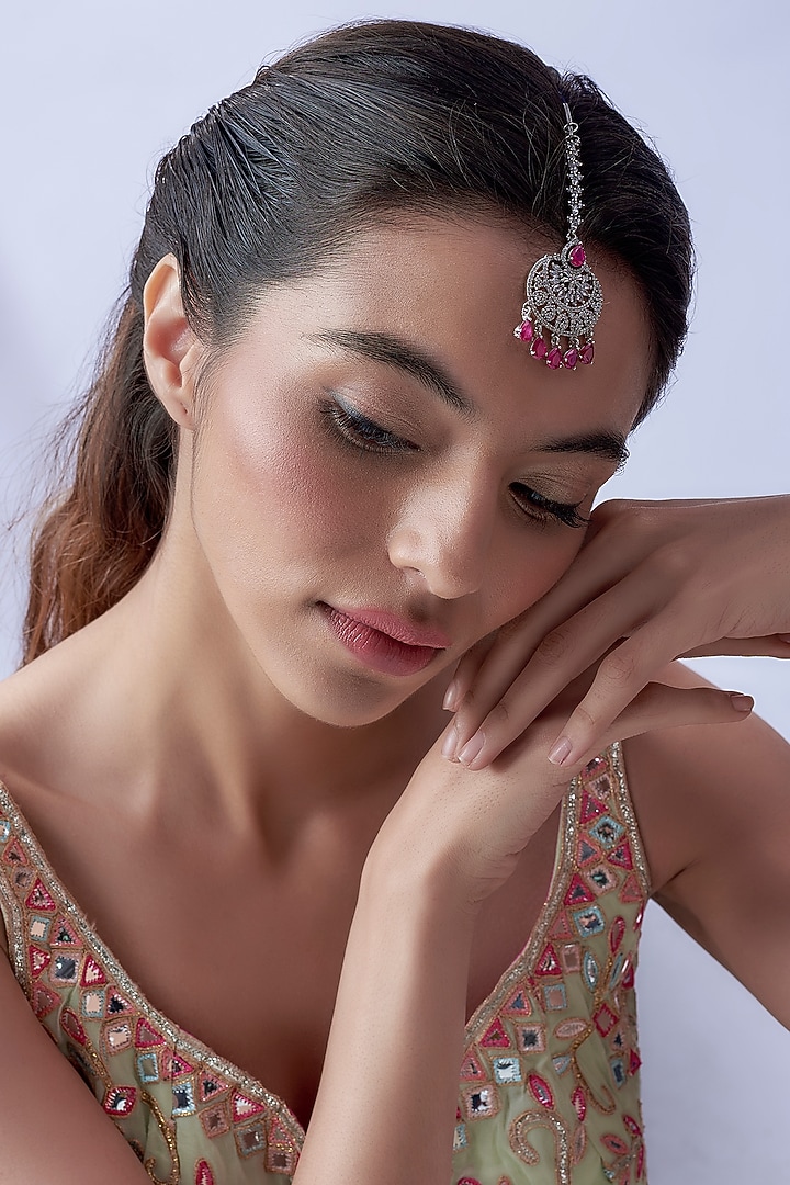 White Finish Zircon & Red Stone Maang Tikka by Aster at Pernia's Pop Up Shop