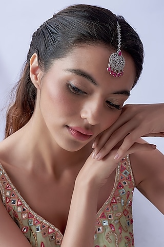 White Finish Zircon & Red Stone Maang Tikka by Aster