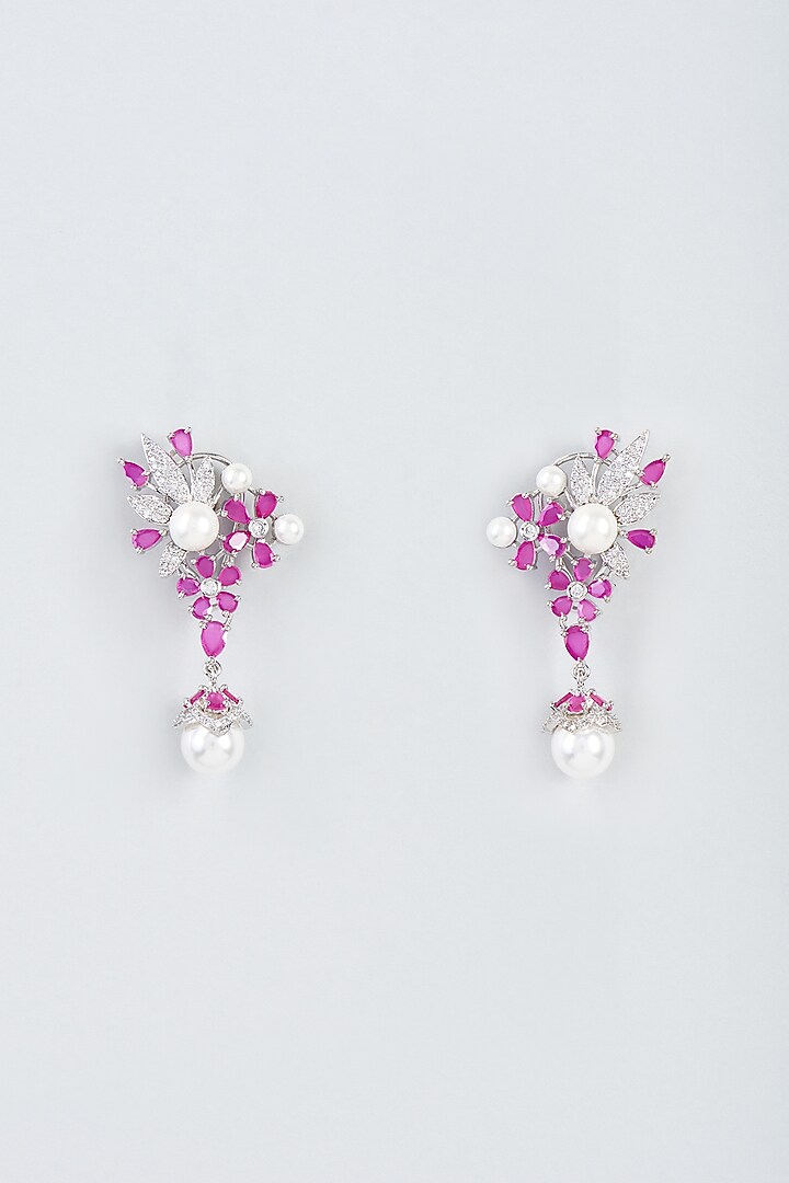 White Finish Zircon & Red Stone Dangler Earrings by Aster at Pernia's Pop Up Shop