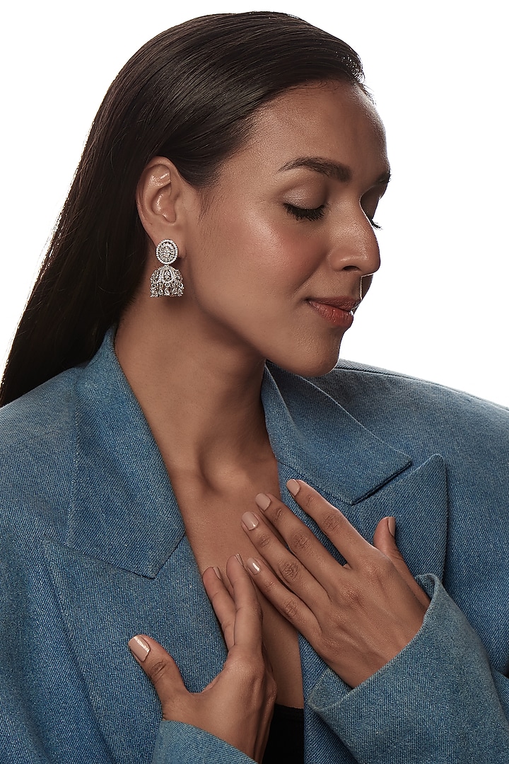 White Finish Zircon & Red Stone Jhumka Earrings by Aster at Pernia's Pop Up Shop