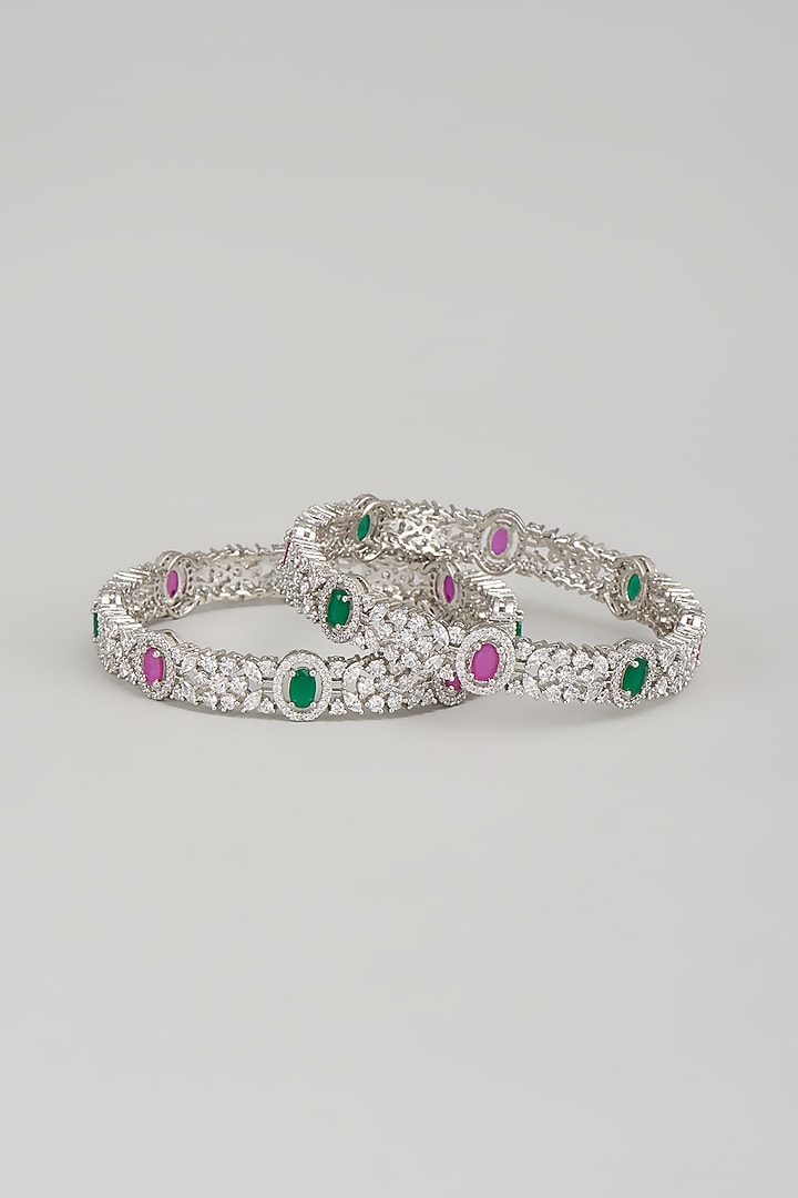 White Finish Zircon & Multi-Colored Stone Bangles (Set Of 2) by Aster at Pernia's Pop Up Shop