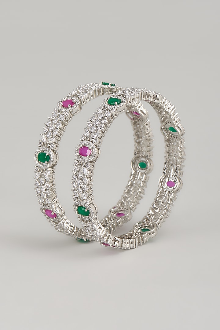 White Finish Zircon & Multi-Colored Stone Bangles (Set Of 2) by Aster at Pernia's Pop Up Shop