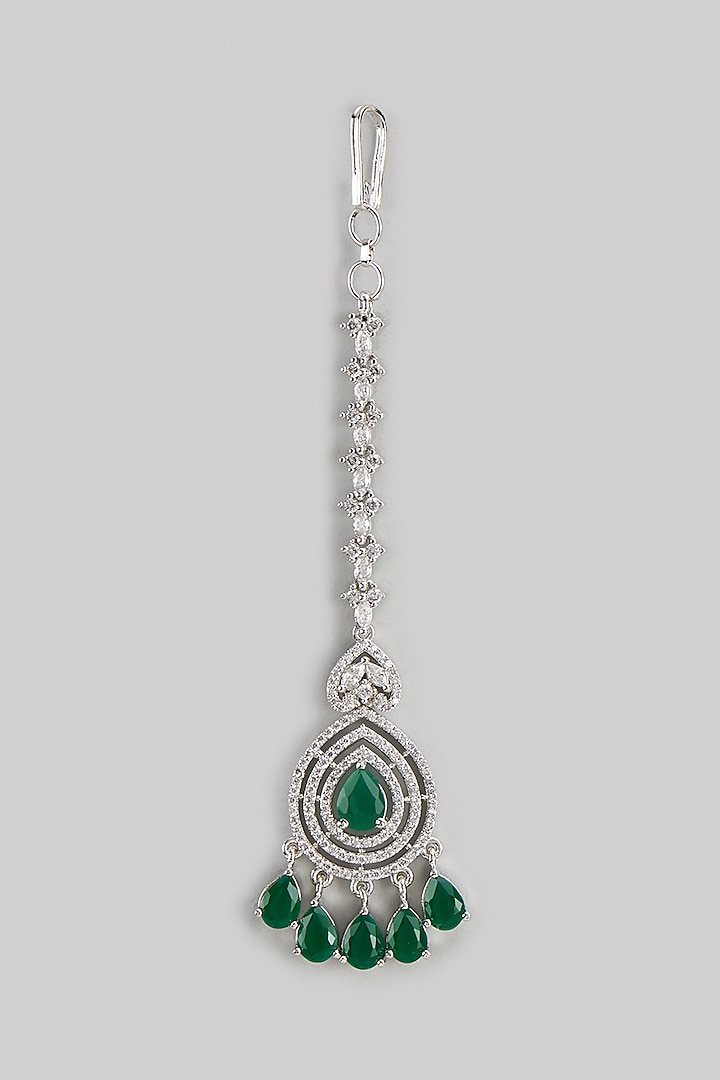 White Finish Zircon & Emerald Stone Maangtikka by Aster