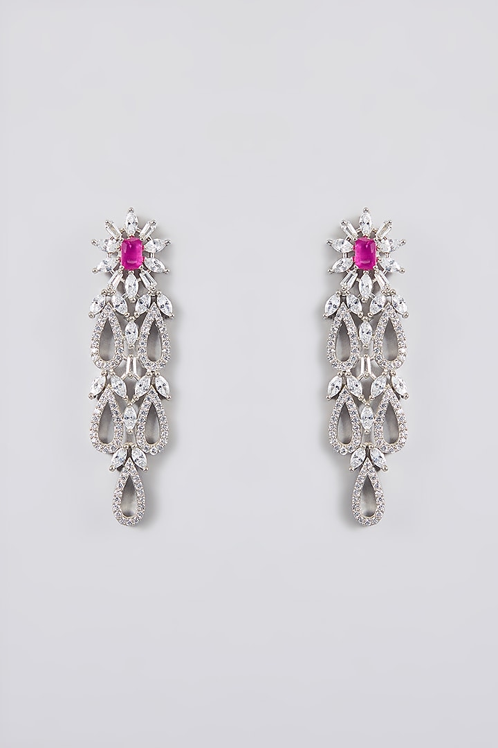 White Finish Pink Synthetic Stone Dangler Earrings by Aster at Pernia's Pop Up Shop